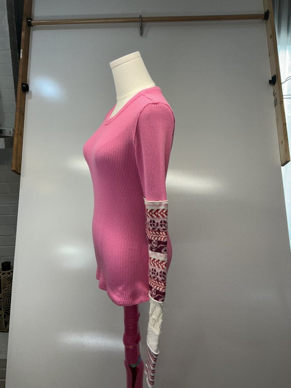 We The Free M Pink Thermal Top Fair Isle Patchwork Long Sleeve Boho - Picture 3 of 13